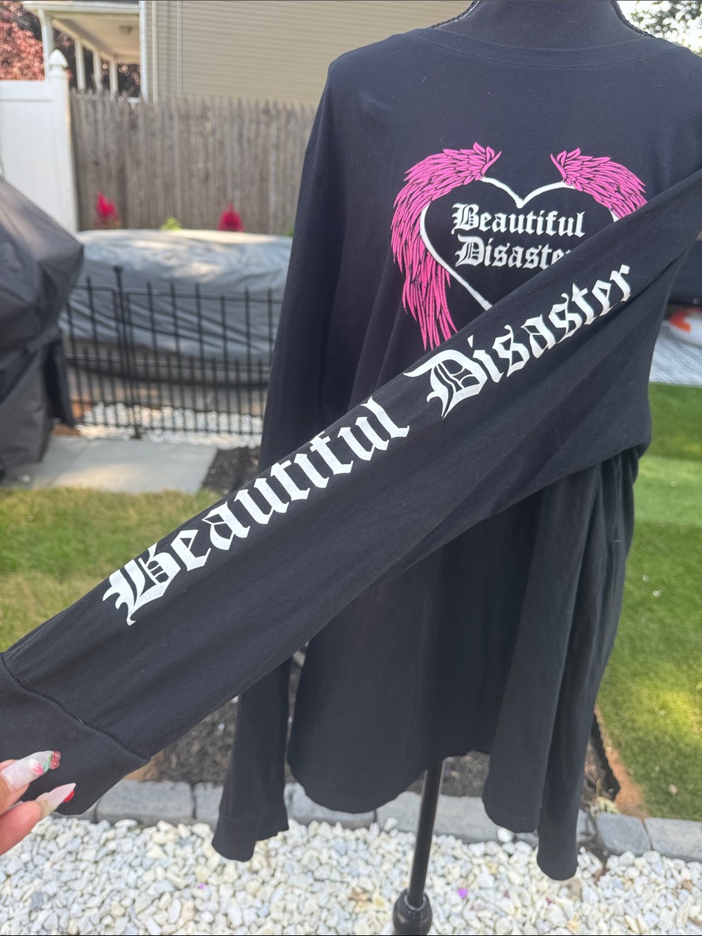 Beautiful Disaster Black Long Sleeve Tee with Pink Wing Heart - Picture 4 of 9